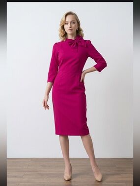Vintage Diva Topvintage Fuchsia Pink Bow Neck Wiggle Pencil Dress M
